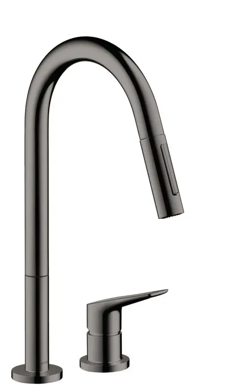 Küchenmischer mit Ausziehbrause in Polished Black Chrome von AXOR, bestehend aus einer hohen gekrümmten Armatur und einem separaten Hebel für Wassersteuerung.